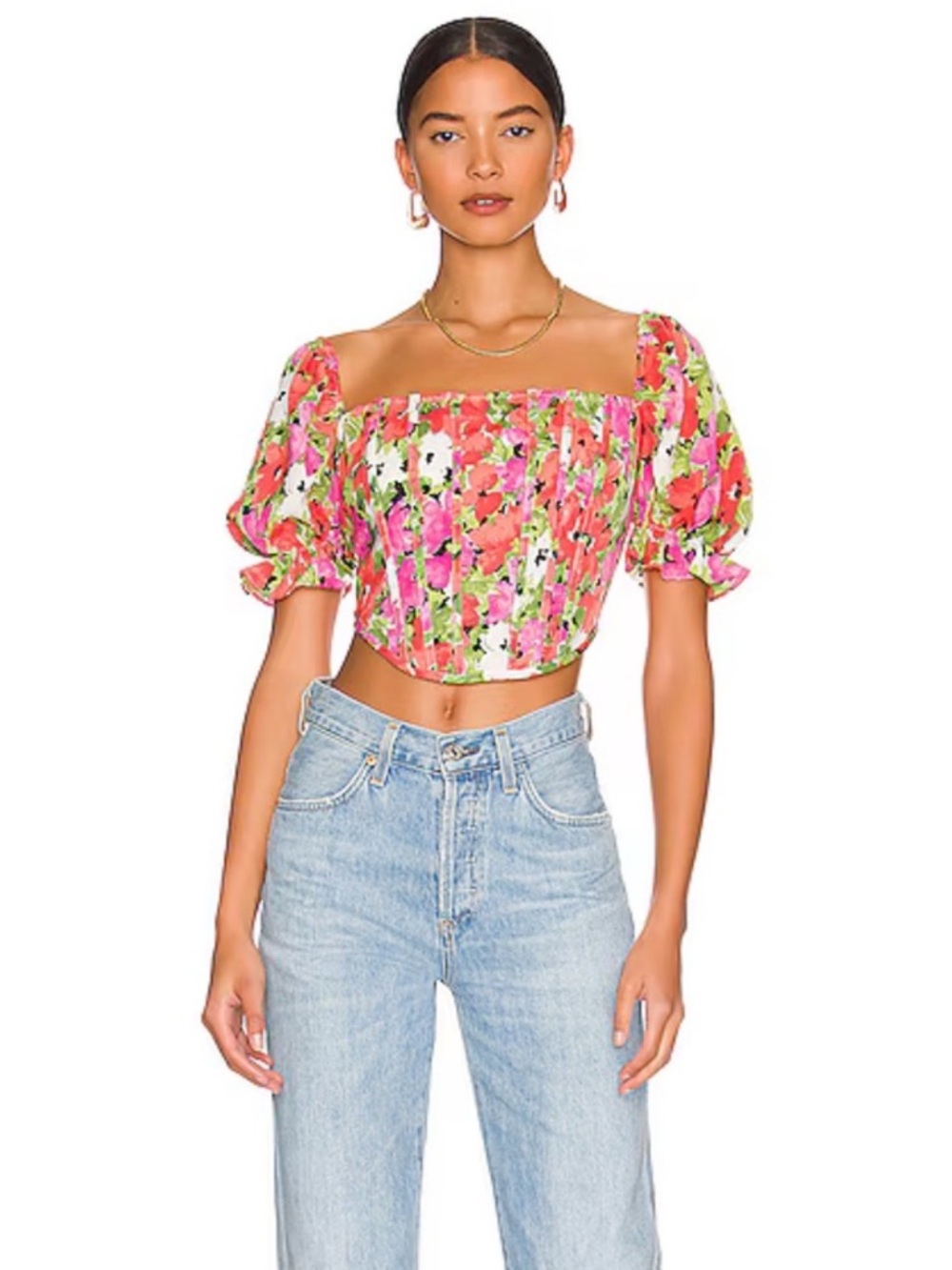 Revolve More to Come Loraine Corset Bustier Crop Top Pink Floral  Puff Sleeve XS